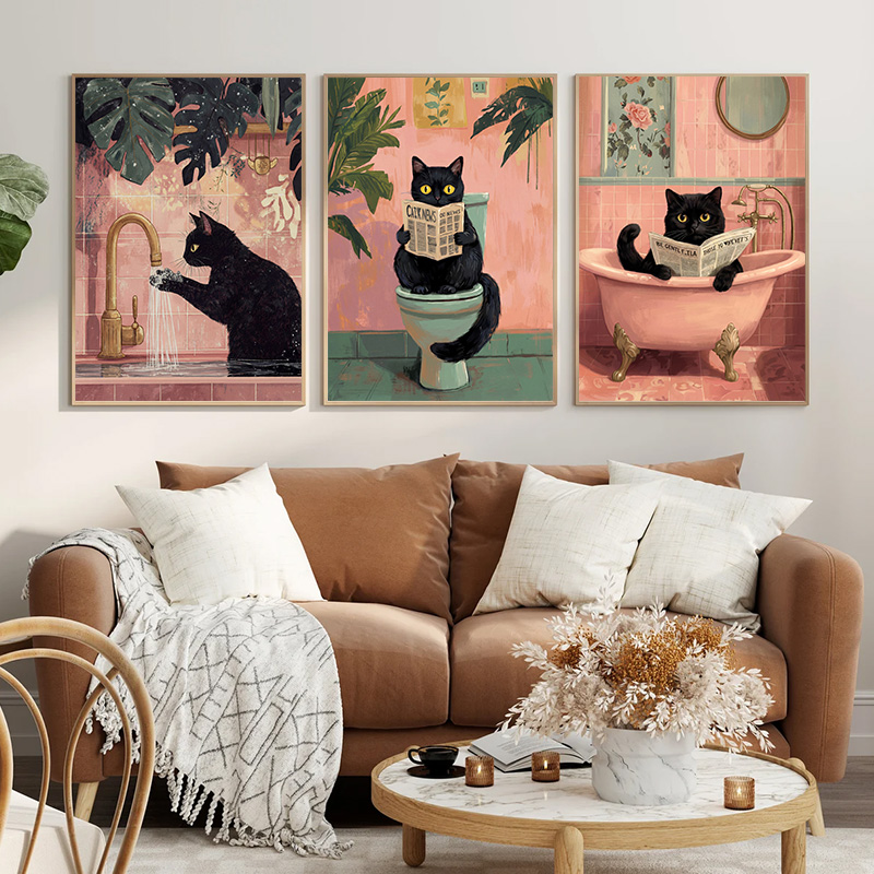 Resin Art And Deco - 面白い黒猫のバスルームダイヤモンドウォールアート、レトロで可愛い子猫のバスタブ、トイレ、シンクのポスター、ユーモラスなアニマルプリント、トイレの家の装飾