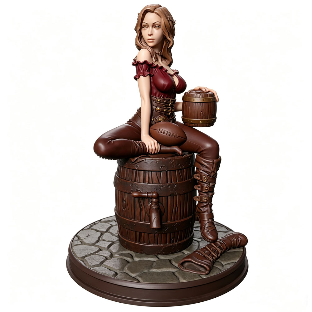Resin Art And Wood - 1/24スケールのミニチュア樹脂製モデル像、75mmフィギュアおもちゃモデルキット。木製の樽の上にラグビーボールを持ち、ビールを手に持ち、片方の靴を脱いでいる美しい女性を描いた、高精細樹脂製フィギュア。未塗装。ロールプレイングゲームやコレクションに最適。