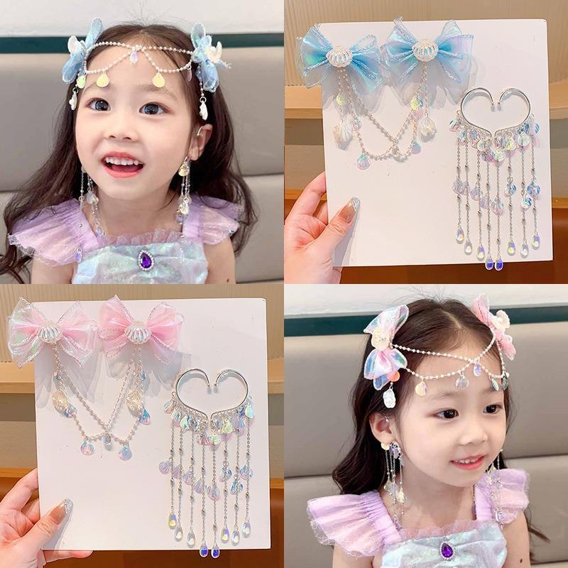 Resin Art For Kids - かわいいマーメイドヘアチェーンフェイクパール＆レジンスタータッセルプリンセスヘッドピース低刺激性ヘアピンセット女の子用