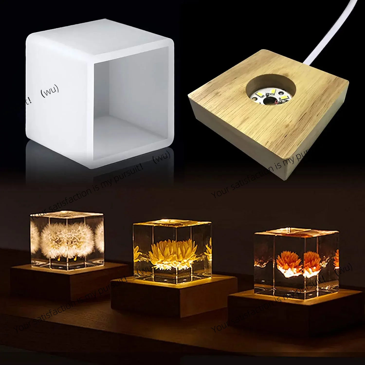 Resin Art And Wood - 正方形のライトレジン型、LEDシリコン型、レジン用、木製の照明付きベーススタンド付きレジンシリコン型、レジンアート用