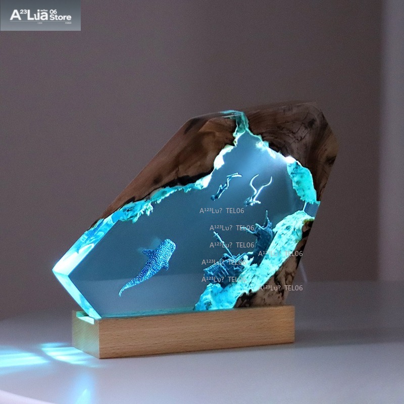 Resin Art And Wood - 木製樹脂ナイトライトオーシャンアートデスクデコレーションサメクジラ船難ホームギフト地球儀デコレーション