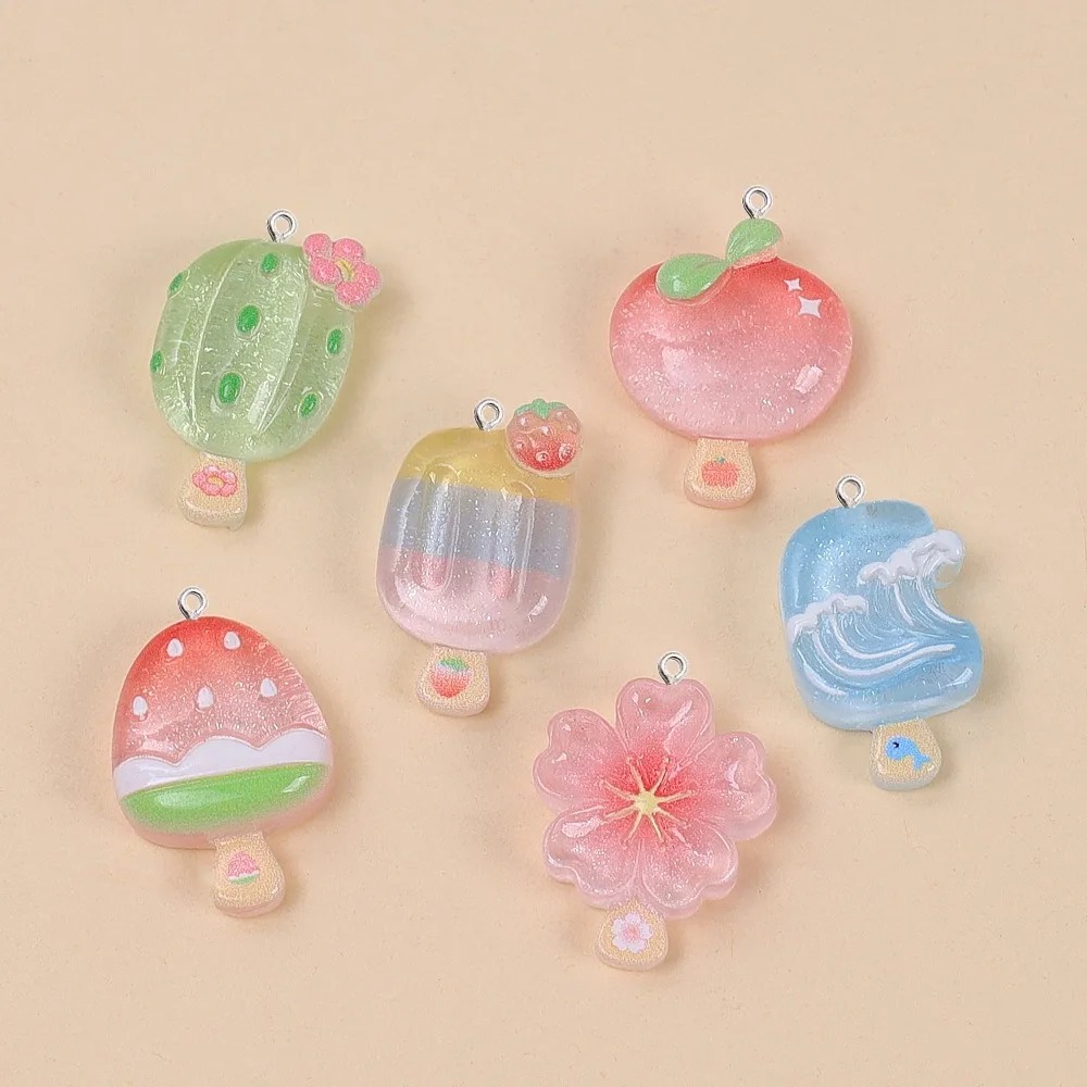 Resin Art And Deco - 10個入り カワイイ 夏のアイスキャンディー レジンペンダント サボテン 桃の花